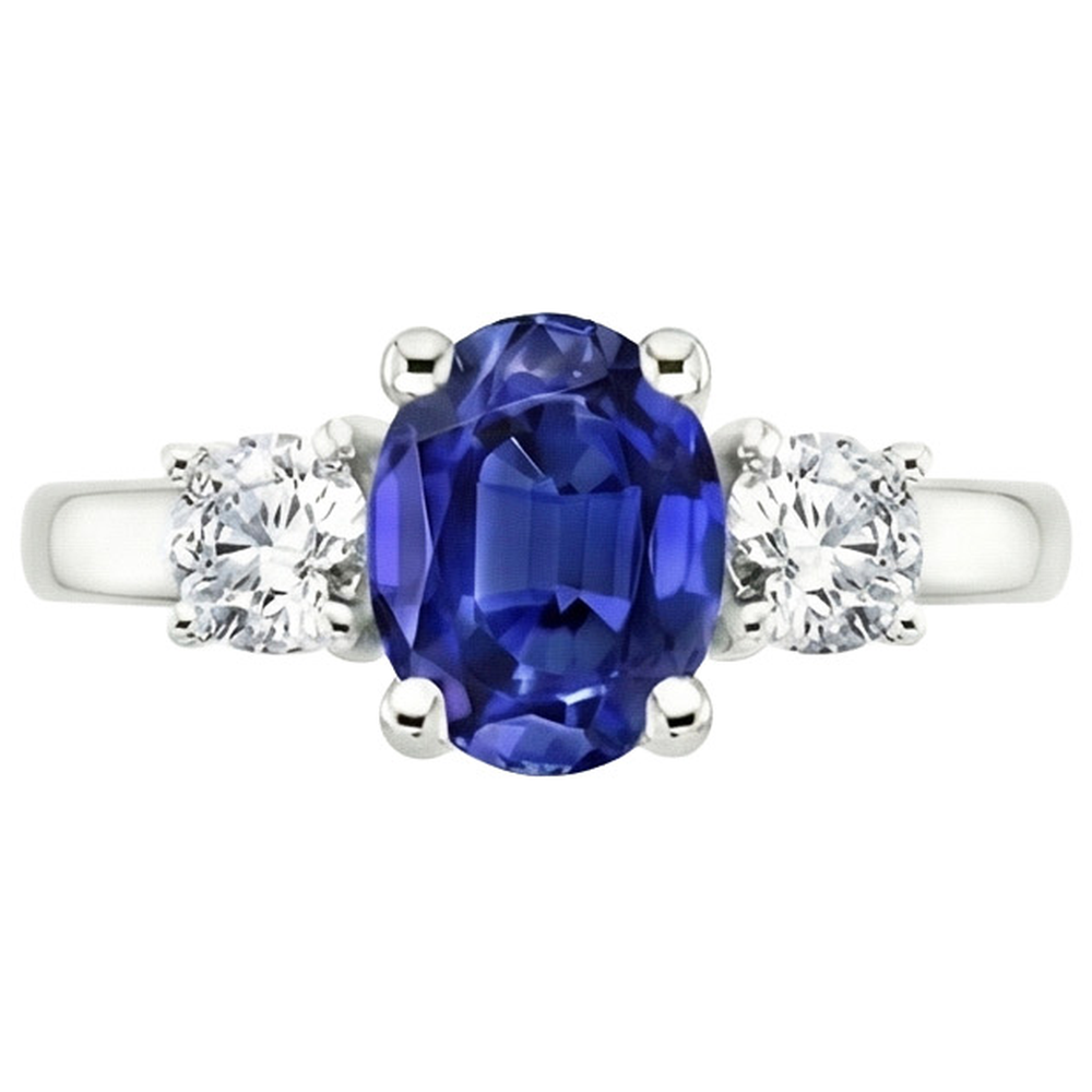 Anello di fidanzamento con diamante 3 pietre zaffiro blu ovale 2.50 carati