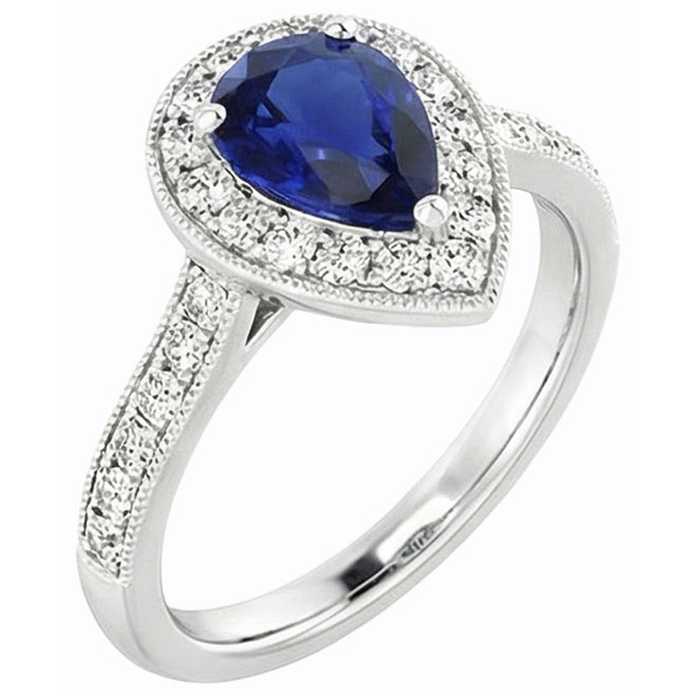Anello di fidanzamento con diamante Halo Pera Srilanka Zaffiro 4.50 carati