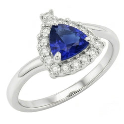 Anello di fidanzamento con diamante Halo Trillion 2 carati zaffiro blu intenso con oro bianco 14K