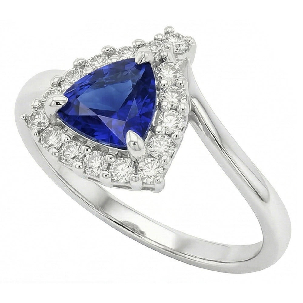 Anello di fidanzamento con diamante Halo Trillion 2 carati zaffiro blu intenso con oro bianco 14K