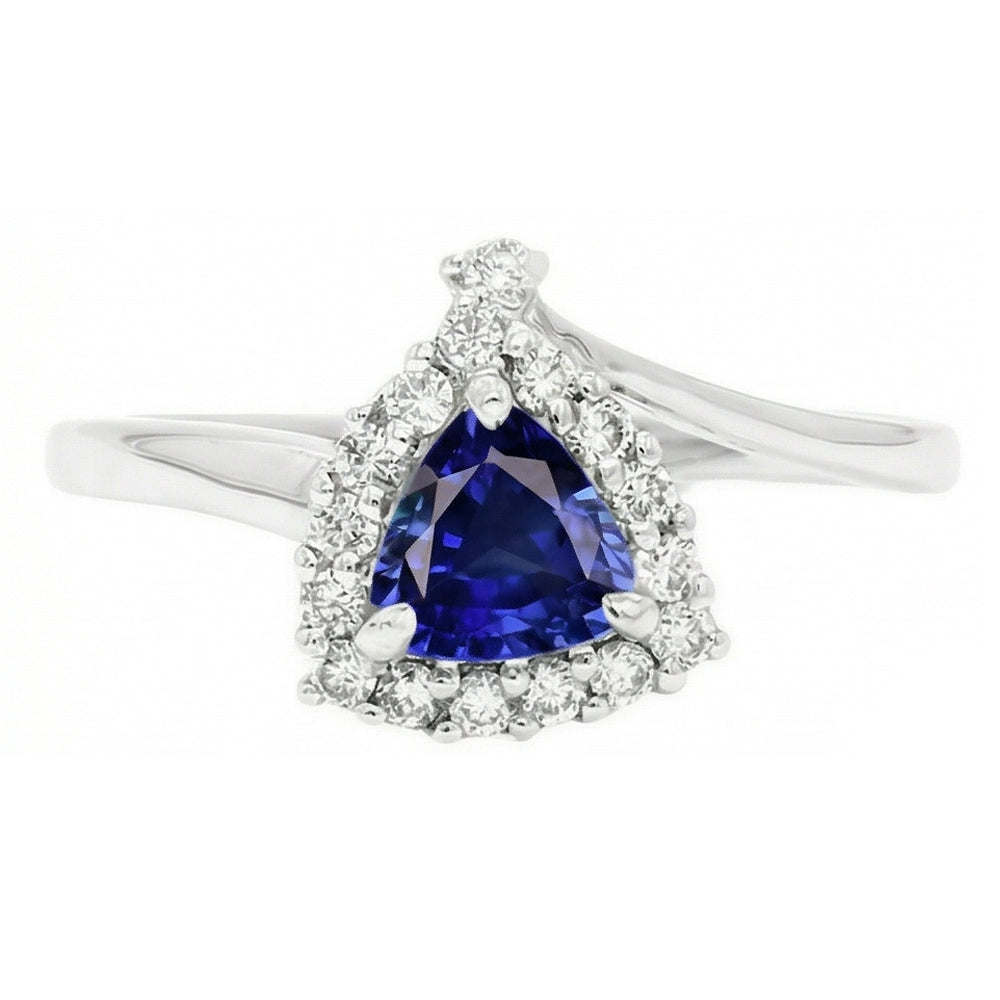 Anello di fidanzamento con diamante Halo Trillion 2 carati zaffiro blu intenso con oro bianco 14K