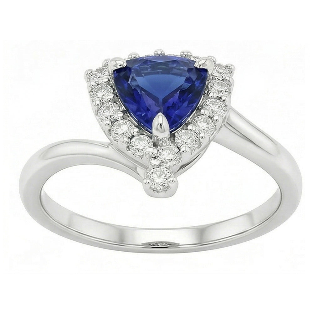 Anello di fidanzamento con diamante Halo Trillion 2 carati zaffiro blu intenso con oro bianco 14K