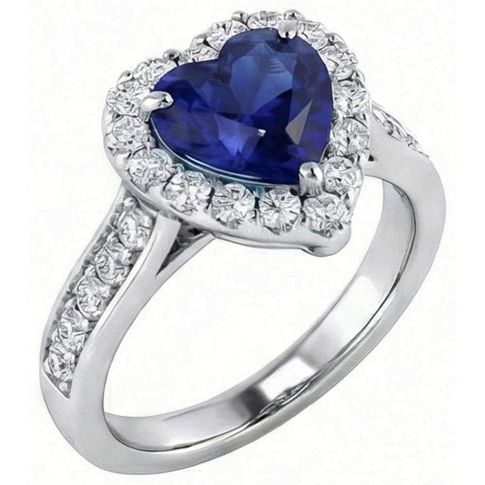Anello di fidanzamento con diamante Halo. taglio a cuore. zaffiro blu 4 carati