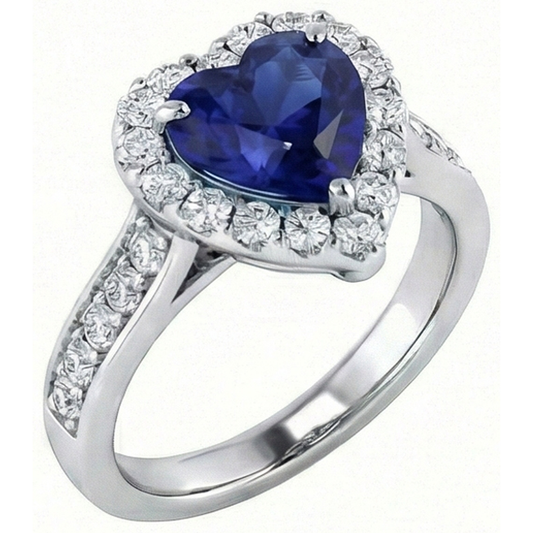 Anello di fidanzamento con diamante Halo. taglio a cuore. zaffiro blu 4 carati