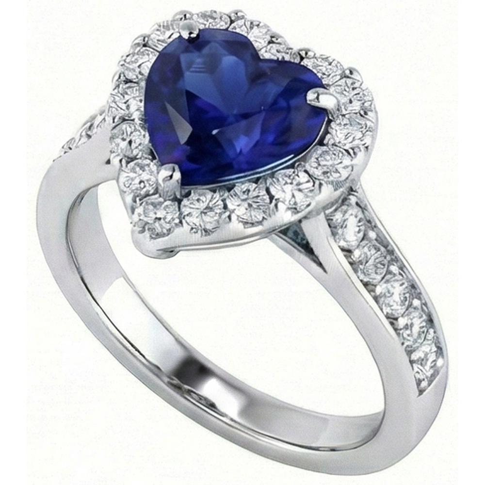 Anello di fidanzamento con diamante Halo. taglio a cuore. zaffiro blu 4 carati