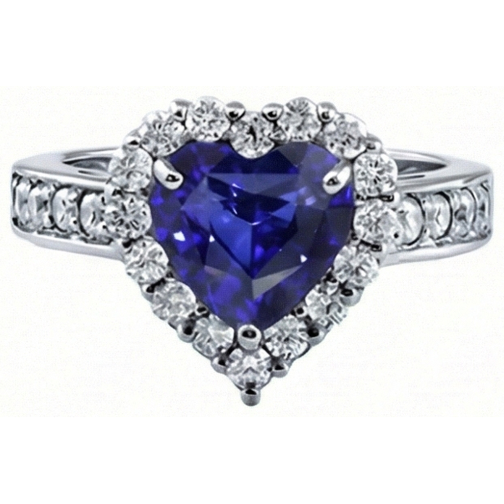 Anello di fidanzamento con diamante Halo. taglio a cuore. zaffiro blu 4 carati