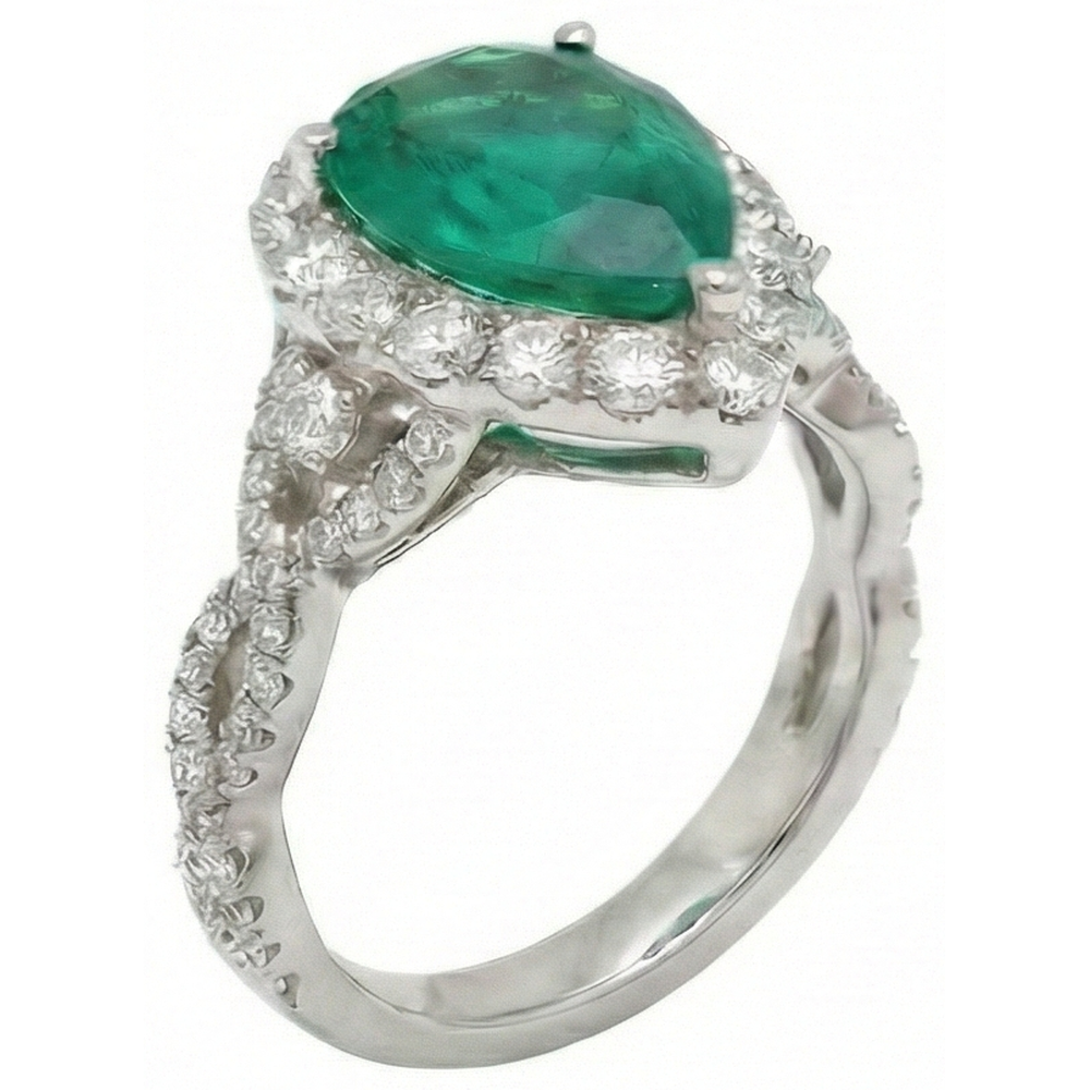 Anello di fidanzamento con diamante Verde smeraldo taglio pera 9 carati oro bianco 14K