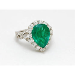 Anello di fidanzamento con diamante Verde smeraldo taglio pera 9 carati oro bianco 14K