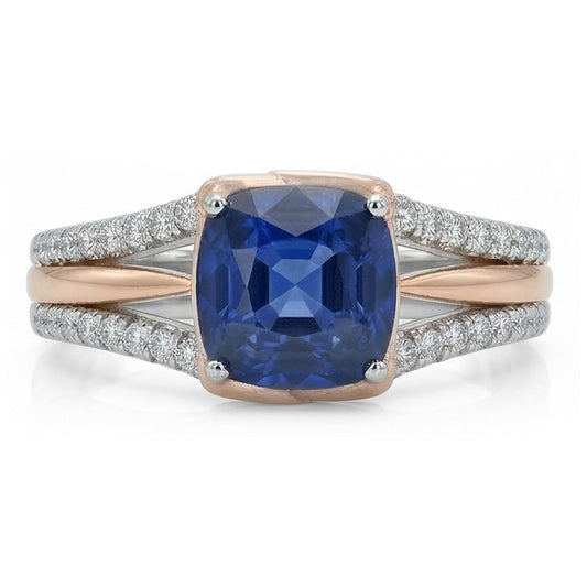 Anello di fidanzamento con diamante bicolore con cuscino zaffiro blu 2.50 carati