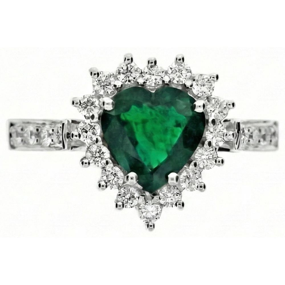 Anello di fidanzamento con diamante e Verde smeraldo taglio cuore 6 carati oro bianco 14K