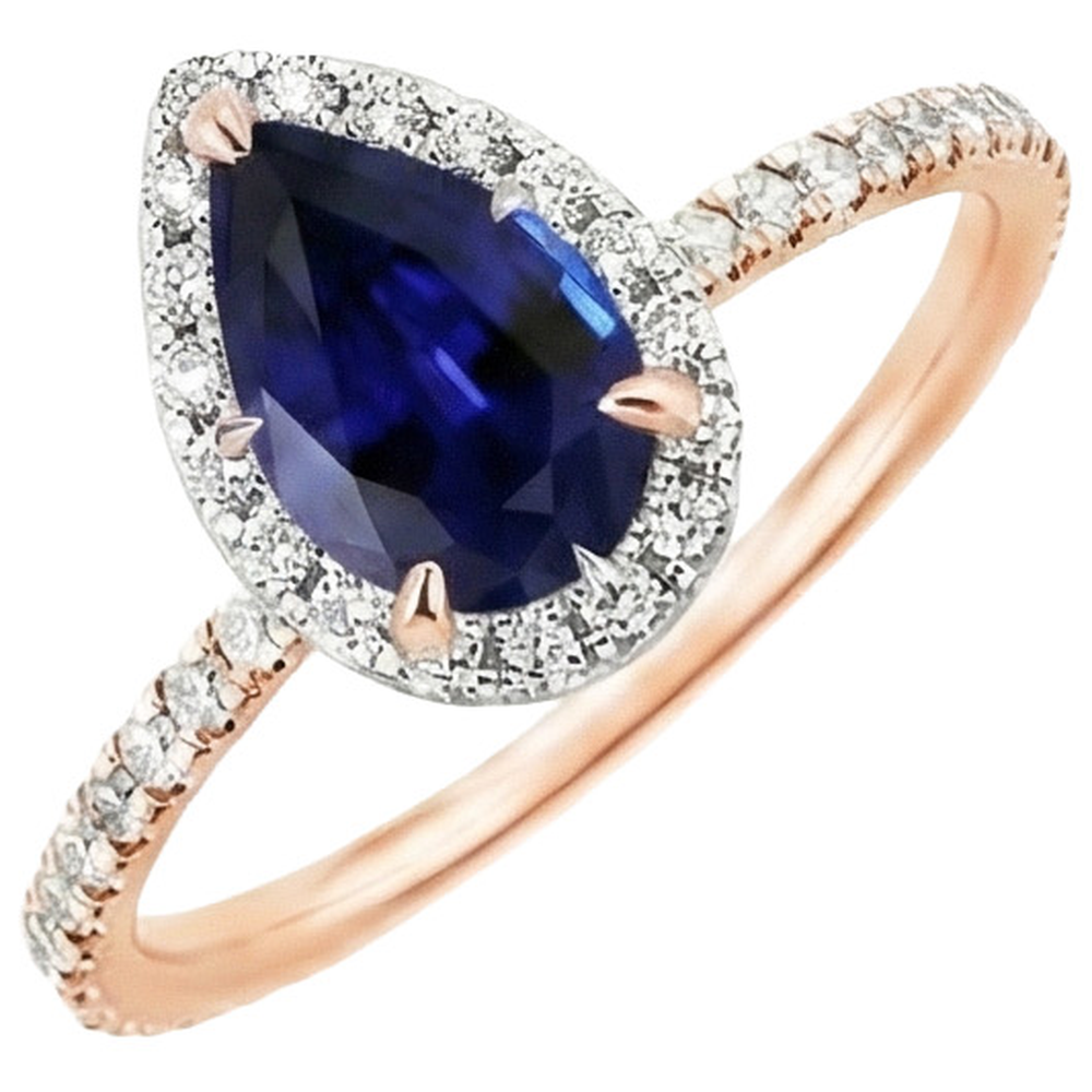 Anello di fidanzamento con diamante e zaffiro a pera di Ceylon bicolore 6 carati Nuovo