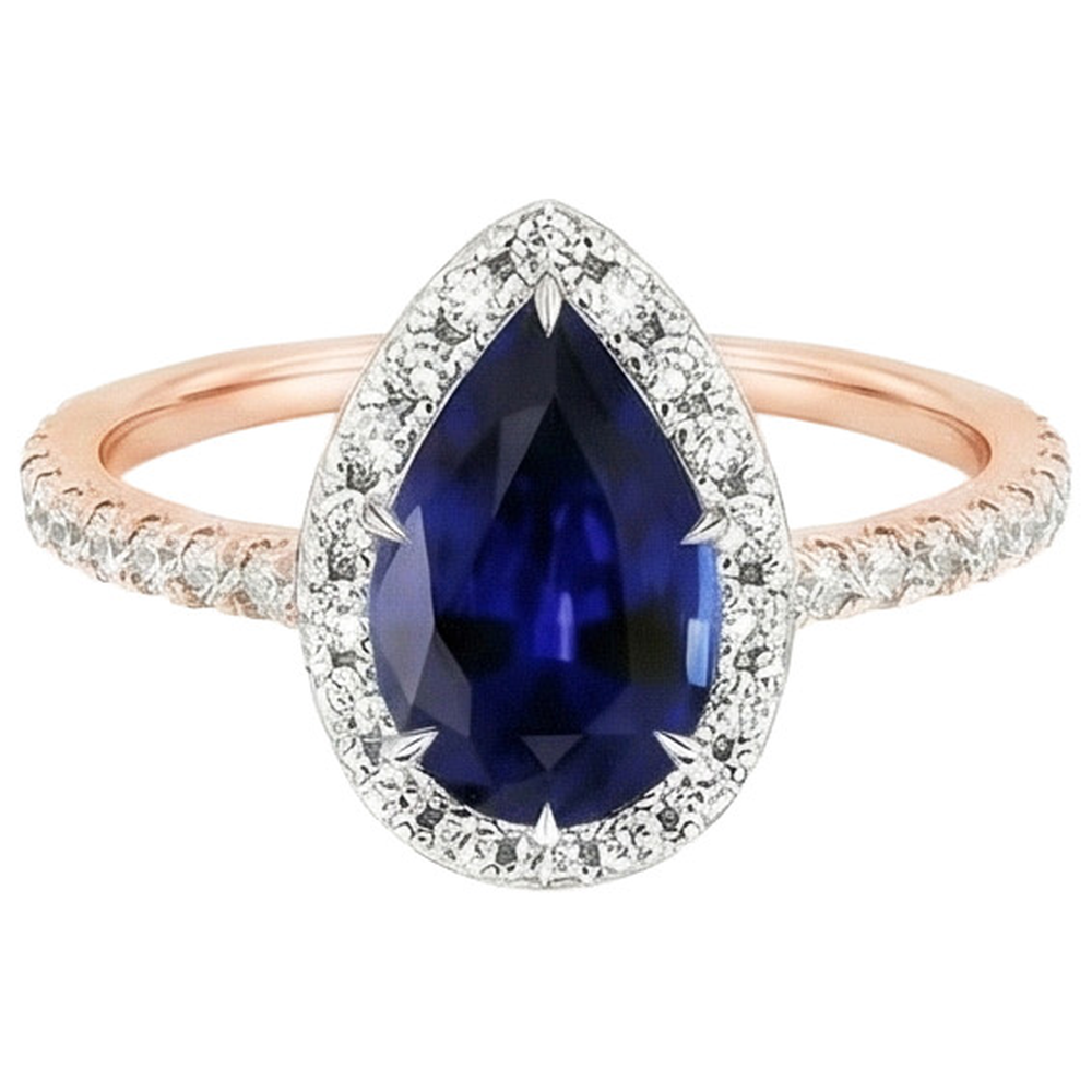Anello di fidanzamento con diamante e zaffiro a pera di Ceylon bicolore 6 carati Nuovo