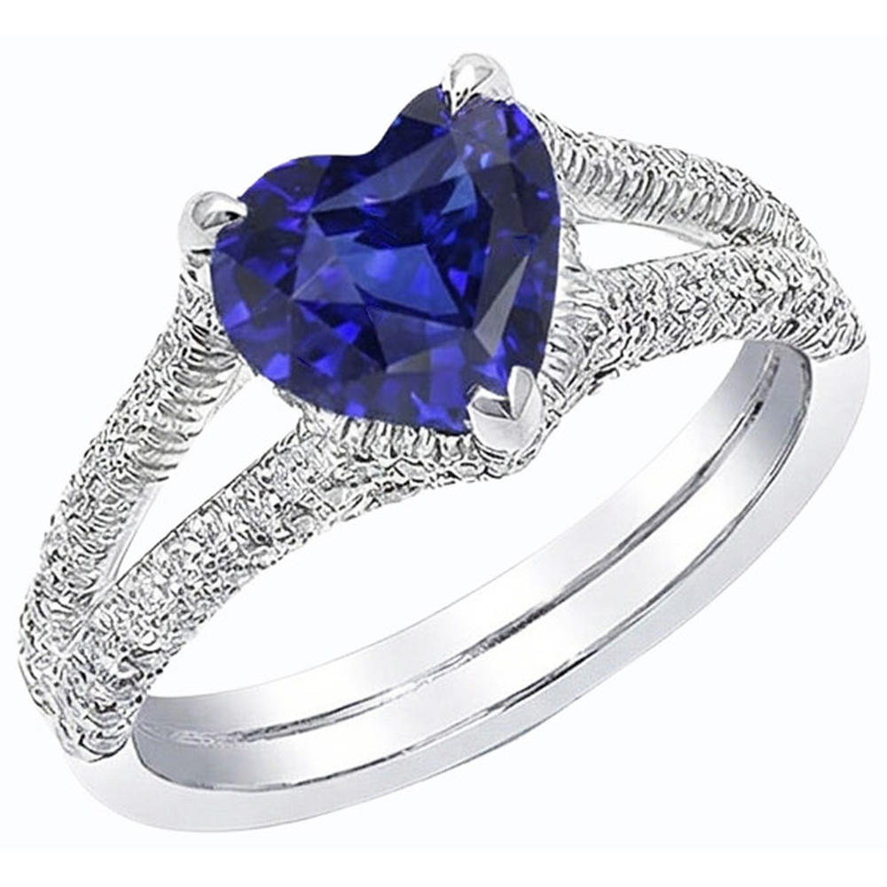 Anello di fidanzamento con diamante incastonato con zaffiro blu naturale taglio a cuore 4 carati
