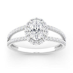 Anello di fidanzamento con diamante ovale 3.10 carati in oro bianco gambo diviso 14K