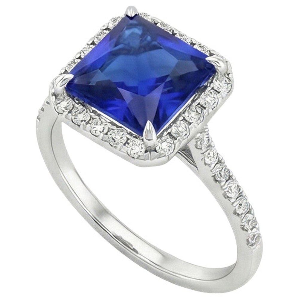 Anello di fidanzamento con diamante rotondo e zaffiro blu con accenti 6 carati