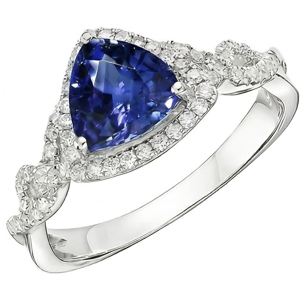 Anello di fidanzamento con diamante taglio trilioni di zaffiri con gambo intrecciato 3 carati