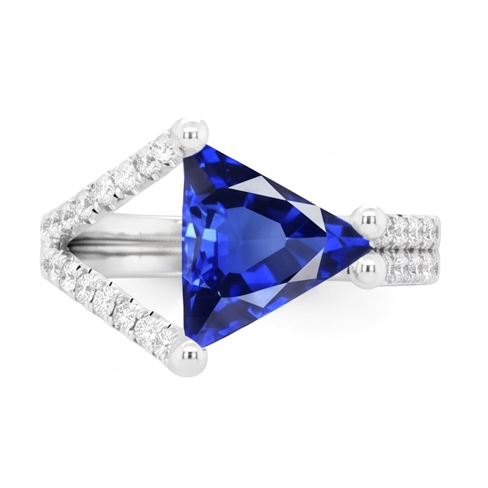 Anello di fidanzamento con diamante trilioni di zaffiro gambo diviso 3 carati