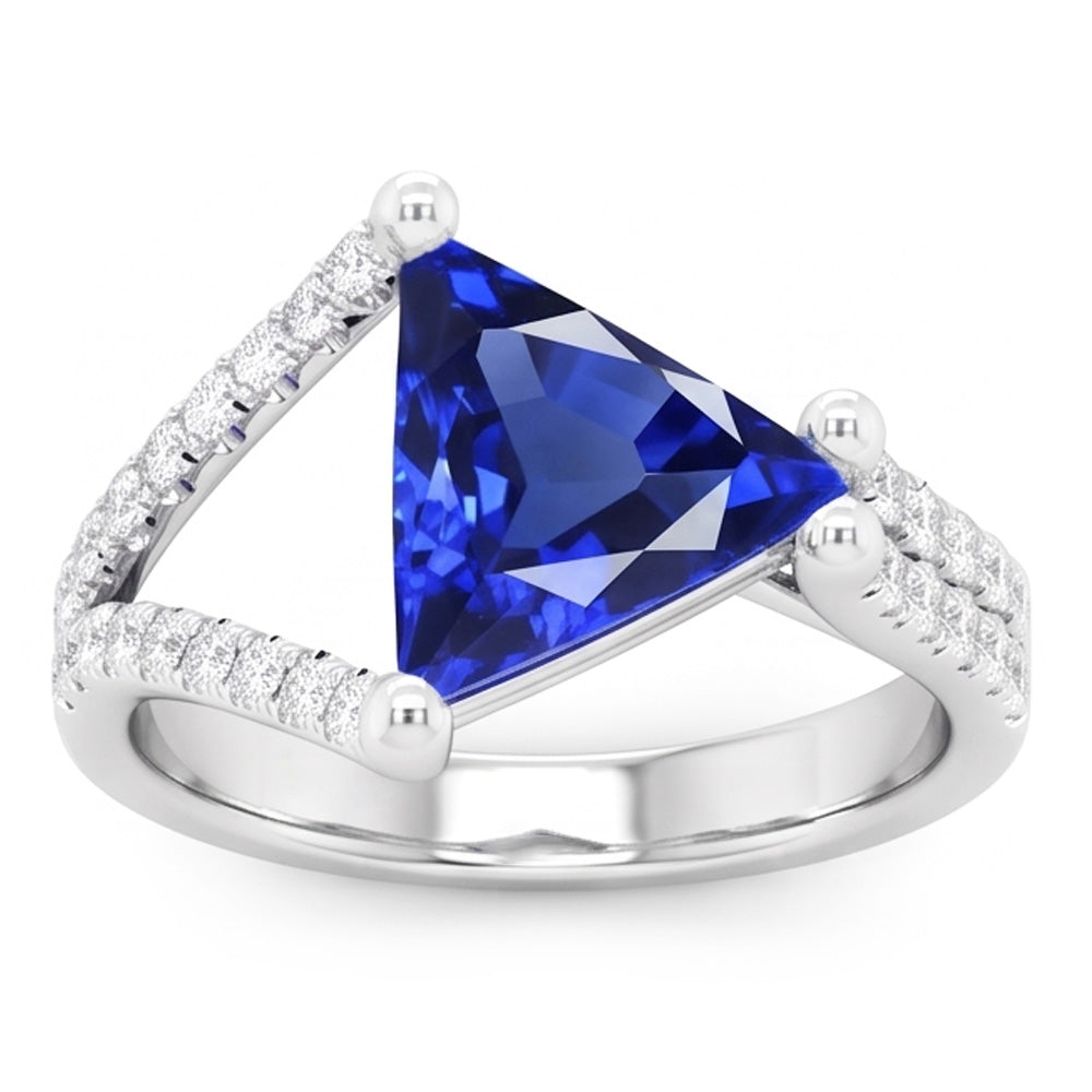 Anello di fidanzamento con diamante trilioni di zaffiro gambo diviso 3 carati