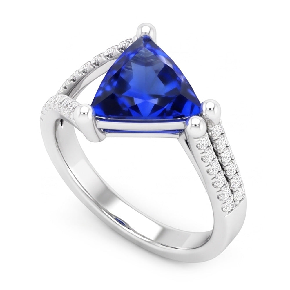 Anello di fidanzamento con diamante trilioni di zaffiro gambo diviso 3 carati