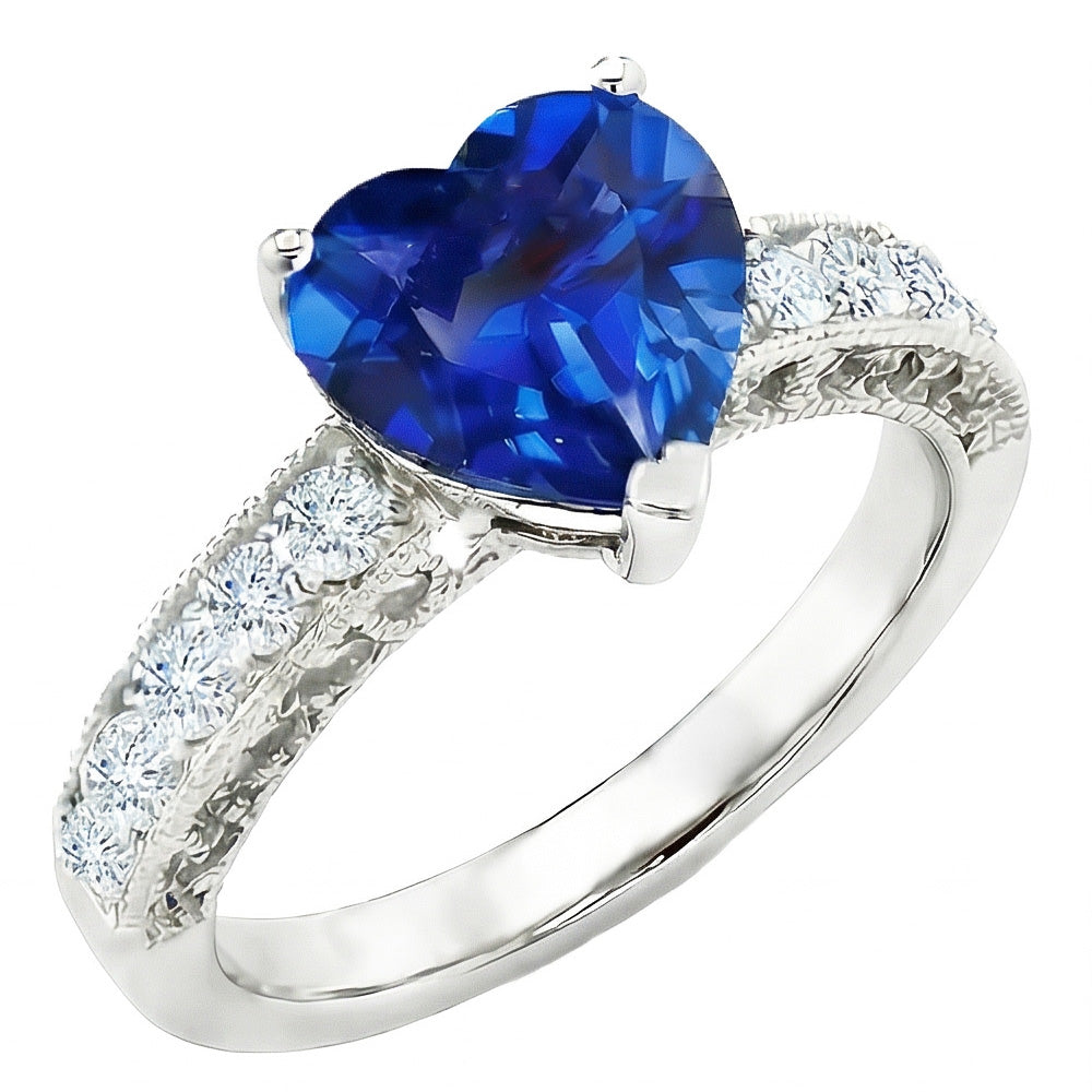 Anello di fidanzamento con diamante zaffiro blu Ceylon taglio cuore 2.50 carati