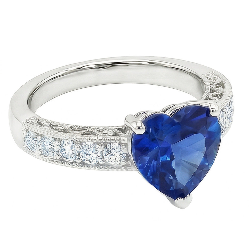 Anello di fidanzamento con diamante zaffiro blu Ceylon taglio cuore 2.50 carati