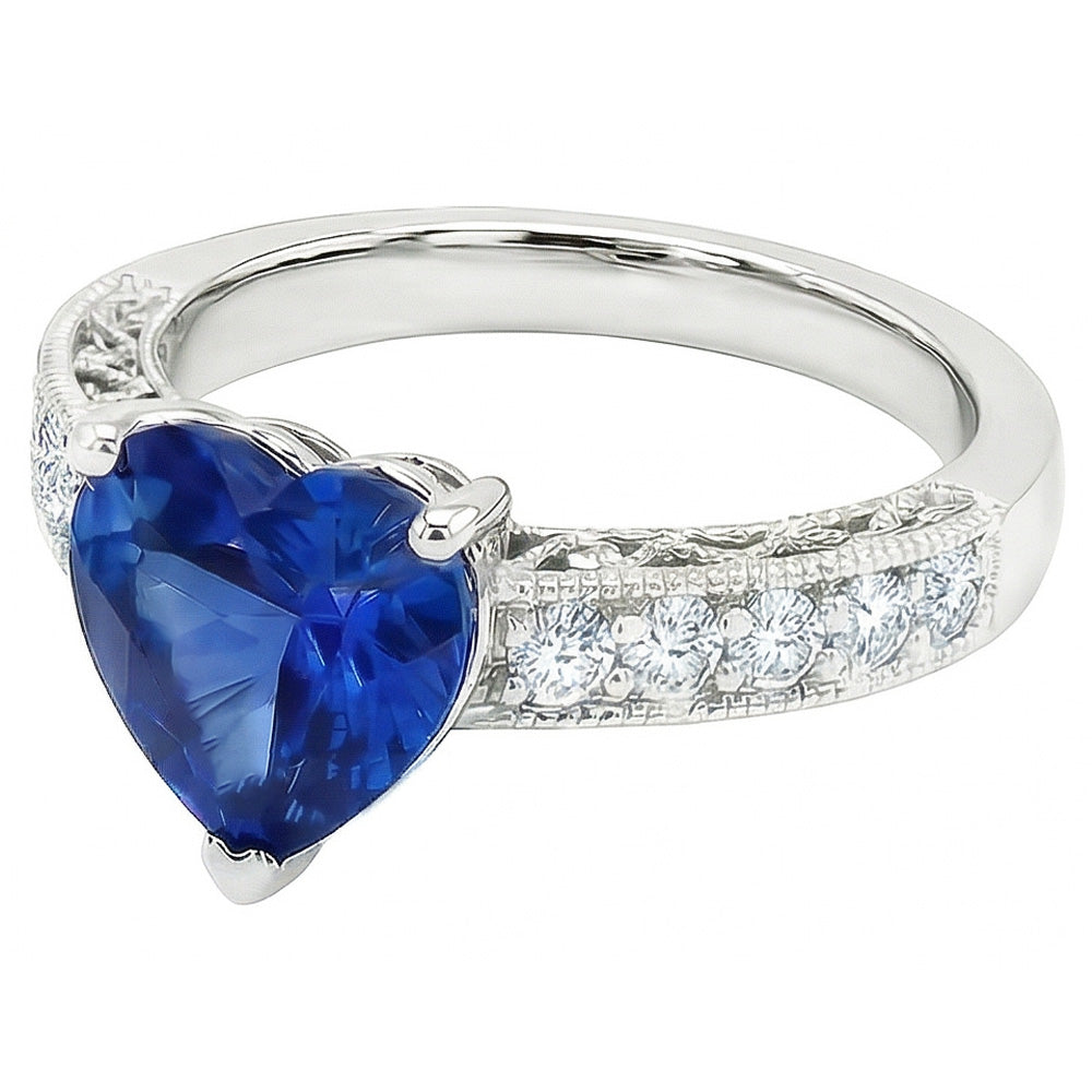 Anello di fidanzamento con diamante zaffiro blu Ceylon taglio cuore 2.50 carati