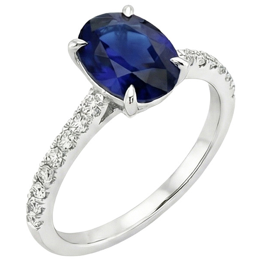 Anello di fidanzamento con diamante zaffiro blu ovale con montatura a griffe 6 carati