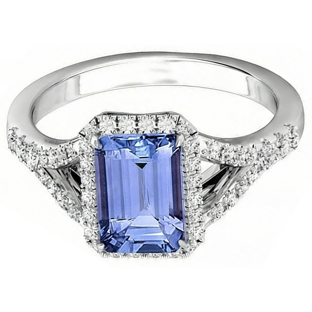 Anello di fidanzamento con diamanti tanzanite smeraldo 4.10 carati oro bianco 14K