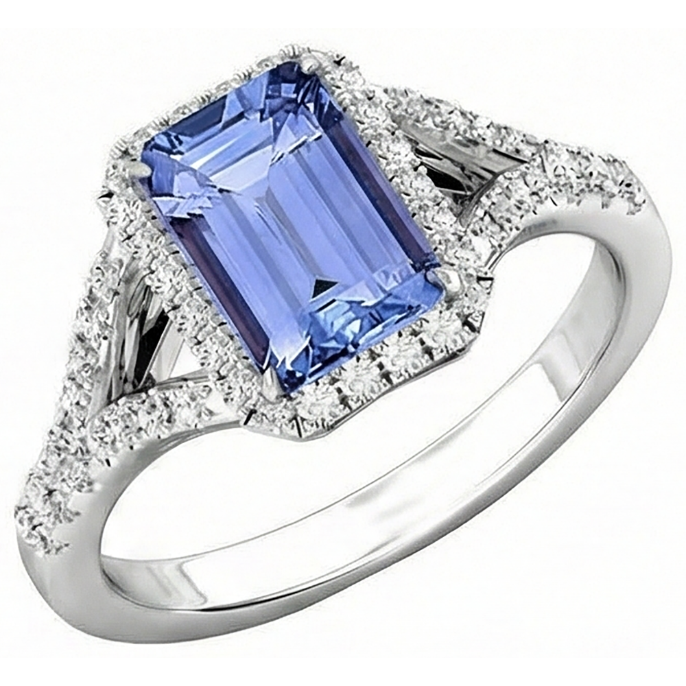 Anello di fidanzamento con diamanti tanzanite smeraldo 4.10 carati oro bianco 14K