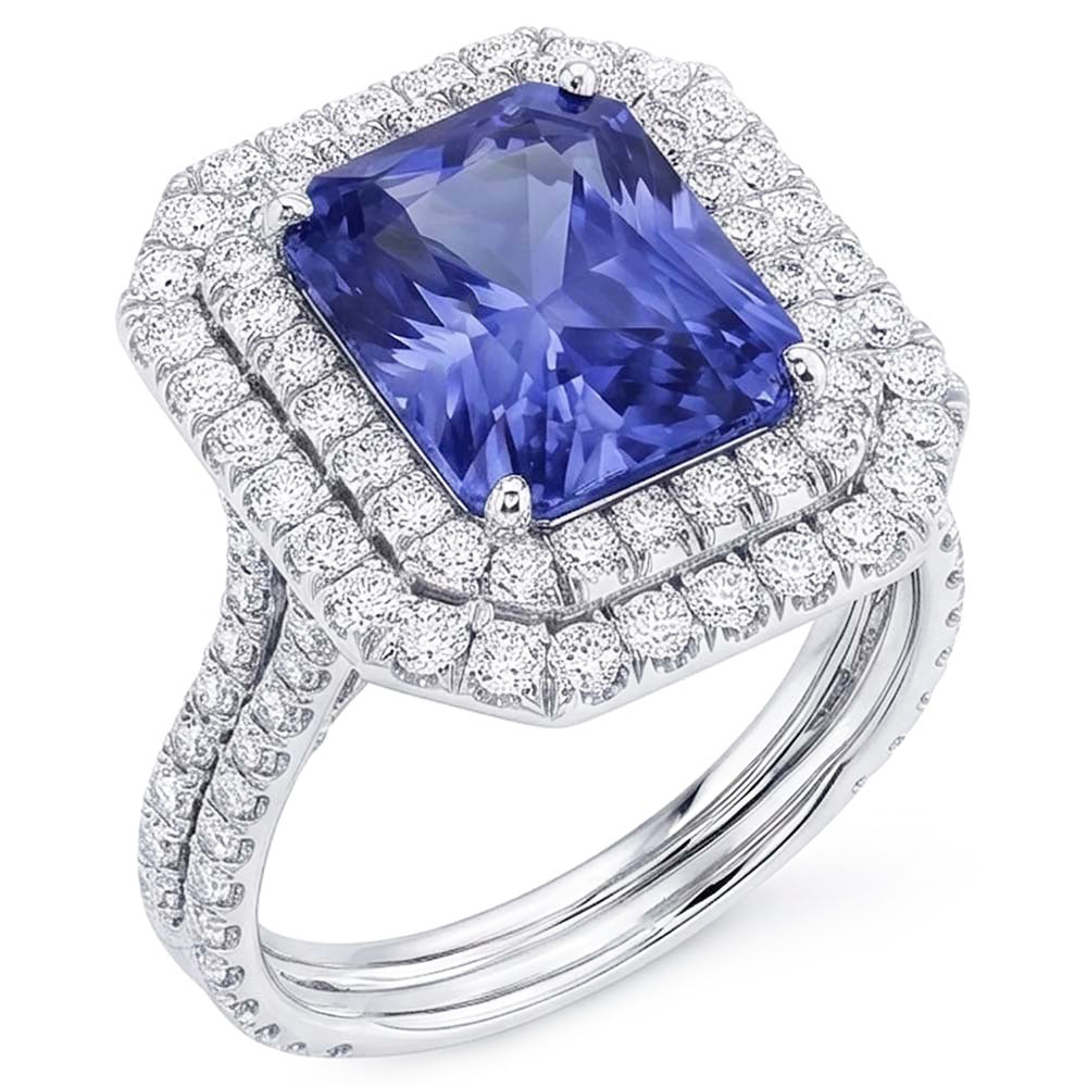 Anello di fidanzamento con doppio anello di diamanti in oro e zaffiro con gambo diviso 4 carati