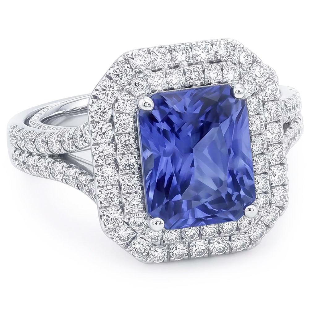 Anello di fidanzamento con doppio anello di diamanti in oro e zaffiro con gambo diviso 4 carati