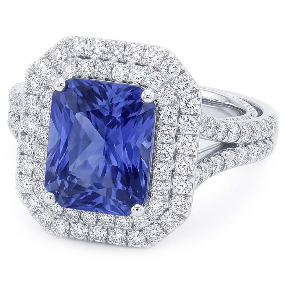 Anello di fidanzamento con doppio anello di diamanti in oro e zaffiro con gambo diviso 4 carati