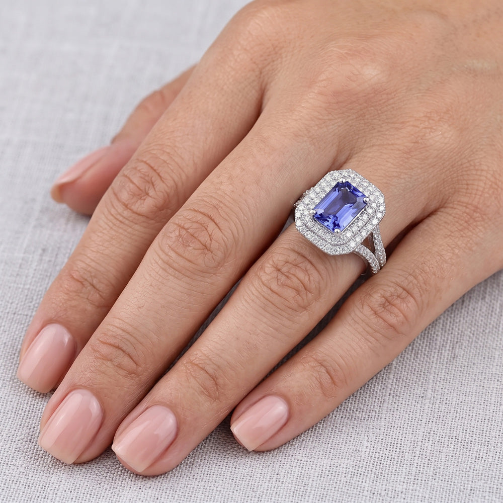 Anello di fidanzamento con doppio anello di diamanti in oro e zaffiro con gambo diviso 4 carati
