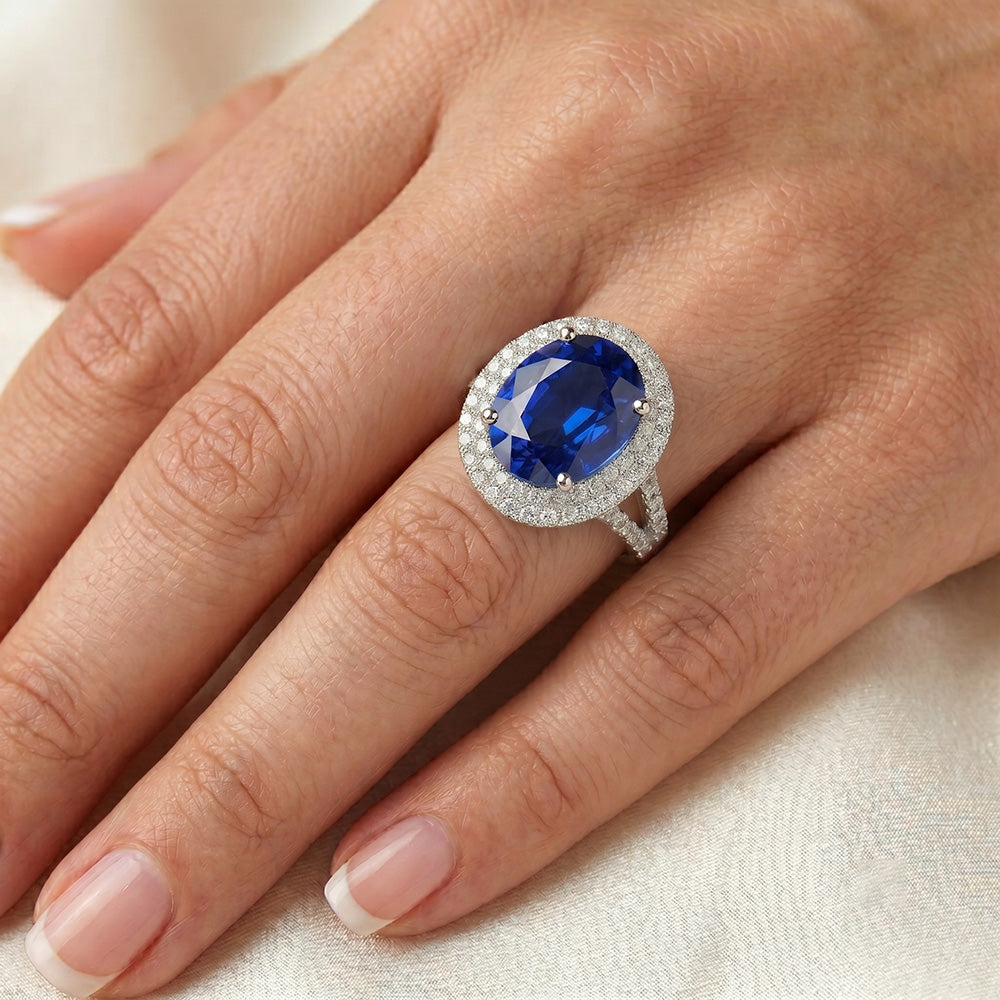 Anello di fidanzamento con doppio zaffiro Ceylon Halo 6.75 carati Gioielli da donna