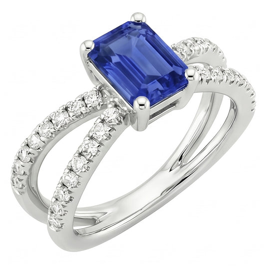 Anello di fidanzamento con gambo diviso zaffiro blu e diamante 4.25 carati