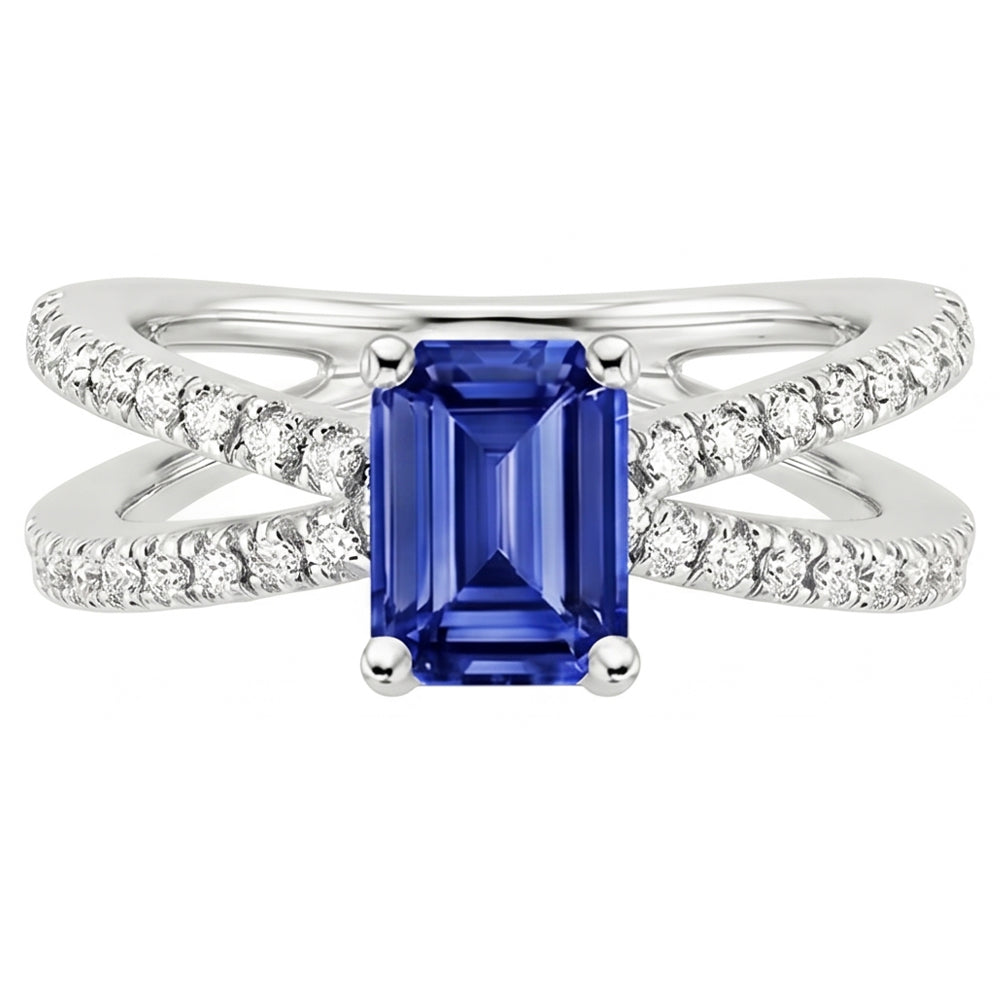 Anello di fidanzamento con gambo diviso zaffiro blu e diamante 4.25 carati
