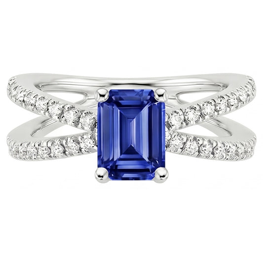 Anello di fidanzamento con gambo diviso zaffiro blu e diamante 4.25 carati