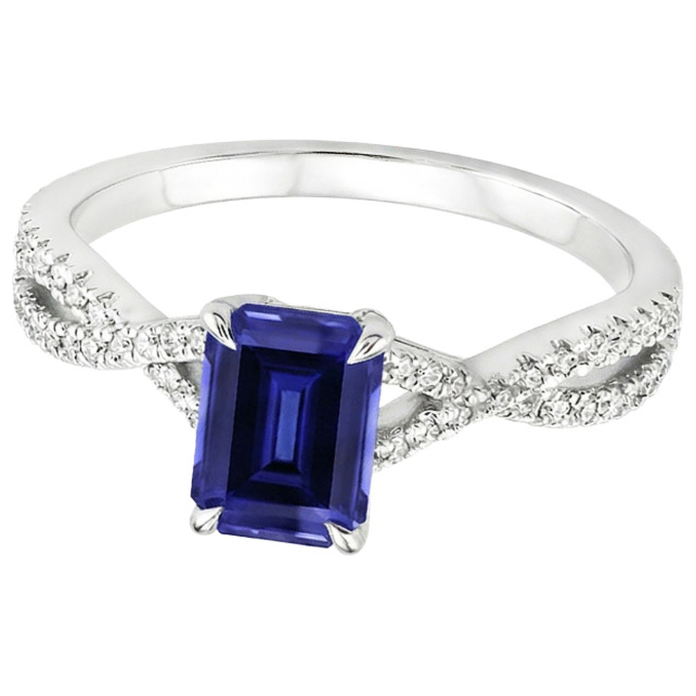 Anello di fidanzamento con pavé. zaffiro blu smeraldo e diamante 4 carati
