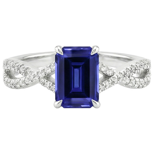 Anello di fidanzamento con pavé. zaffiro blu smeraldo e diamante 4 carati