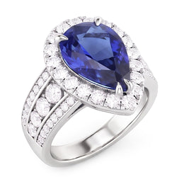 Anello di fidanzamento con pera aureola con zaffiro blu e diamanti 3 carati