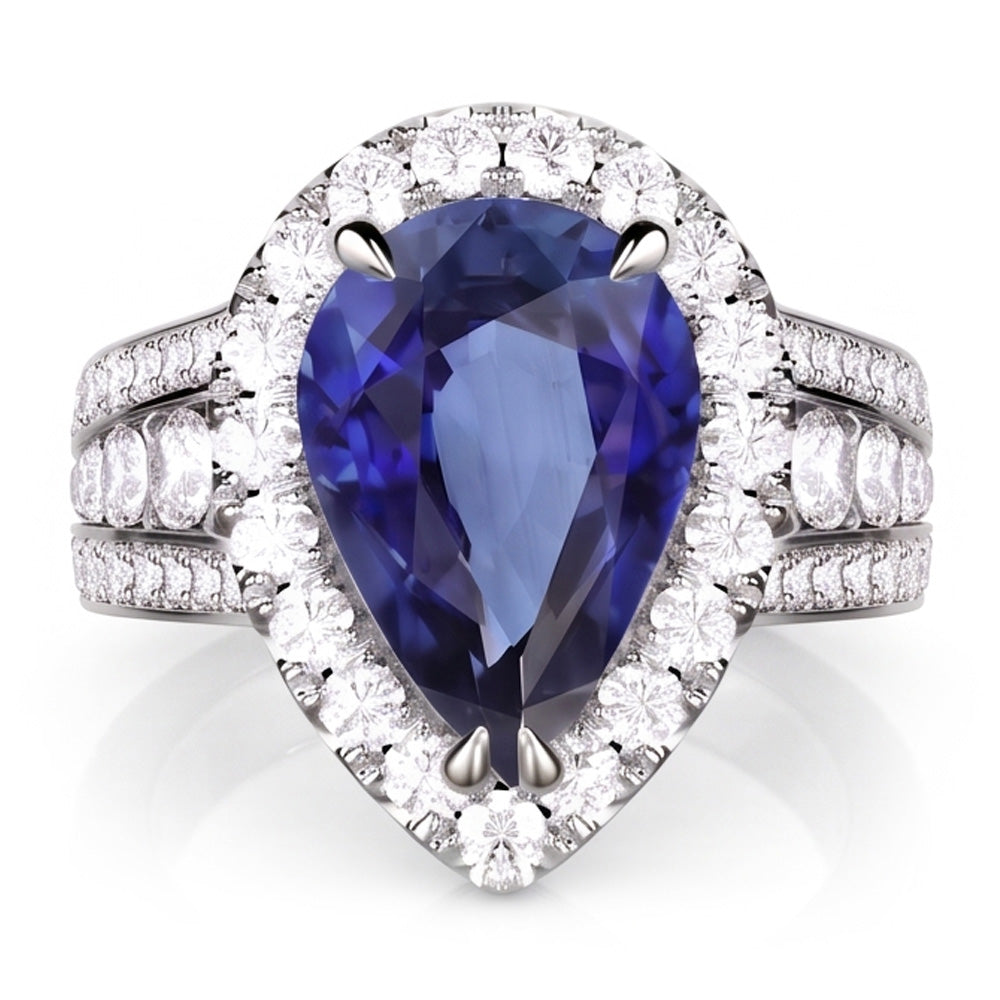 Anello di fidanzamento con pera aureola con zaffiro blu e diamanti 3 carati