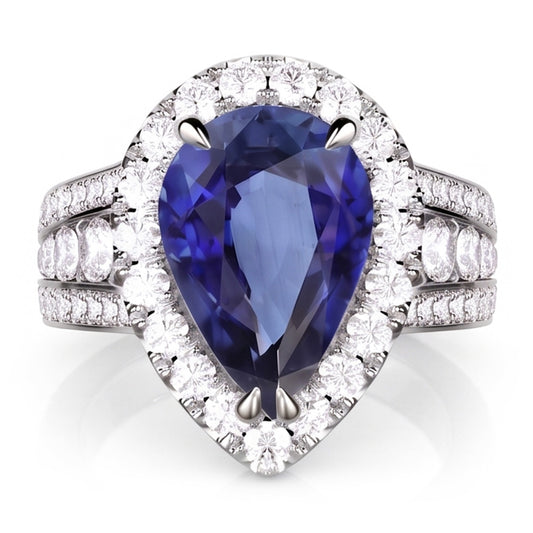 Anello di fidanzamento con pera aureola con zaffiro blu e diamanti 3 carati