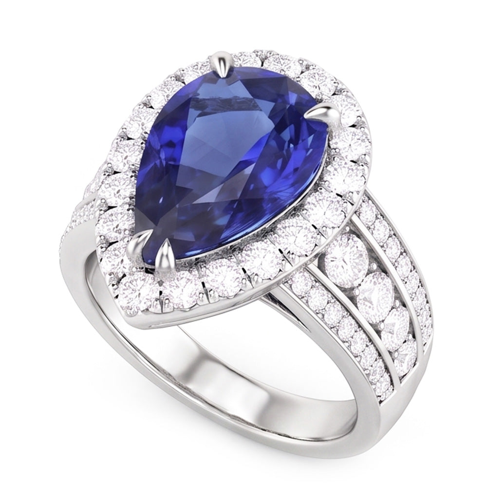 Anello di fidanzamento con pera aureola con zaffiro blu e diamanti 3 carati