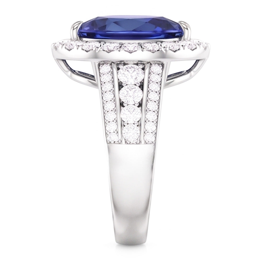 Anello di fidanzamento con pera aureola con zaffiro blu e diamanti 3 carati