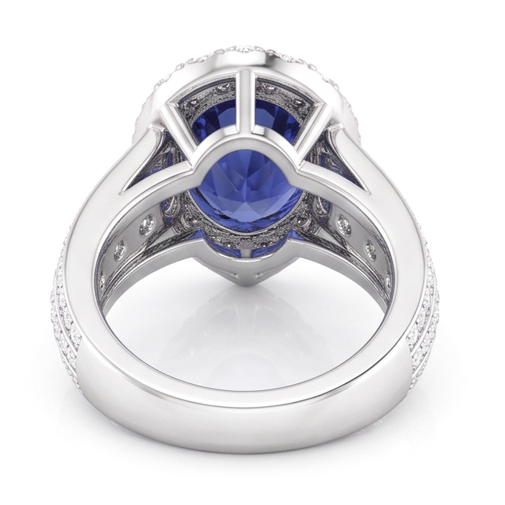 Anello di fidanzamento con pera aureola con zaffiro blu e diamanti 3 carati