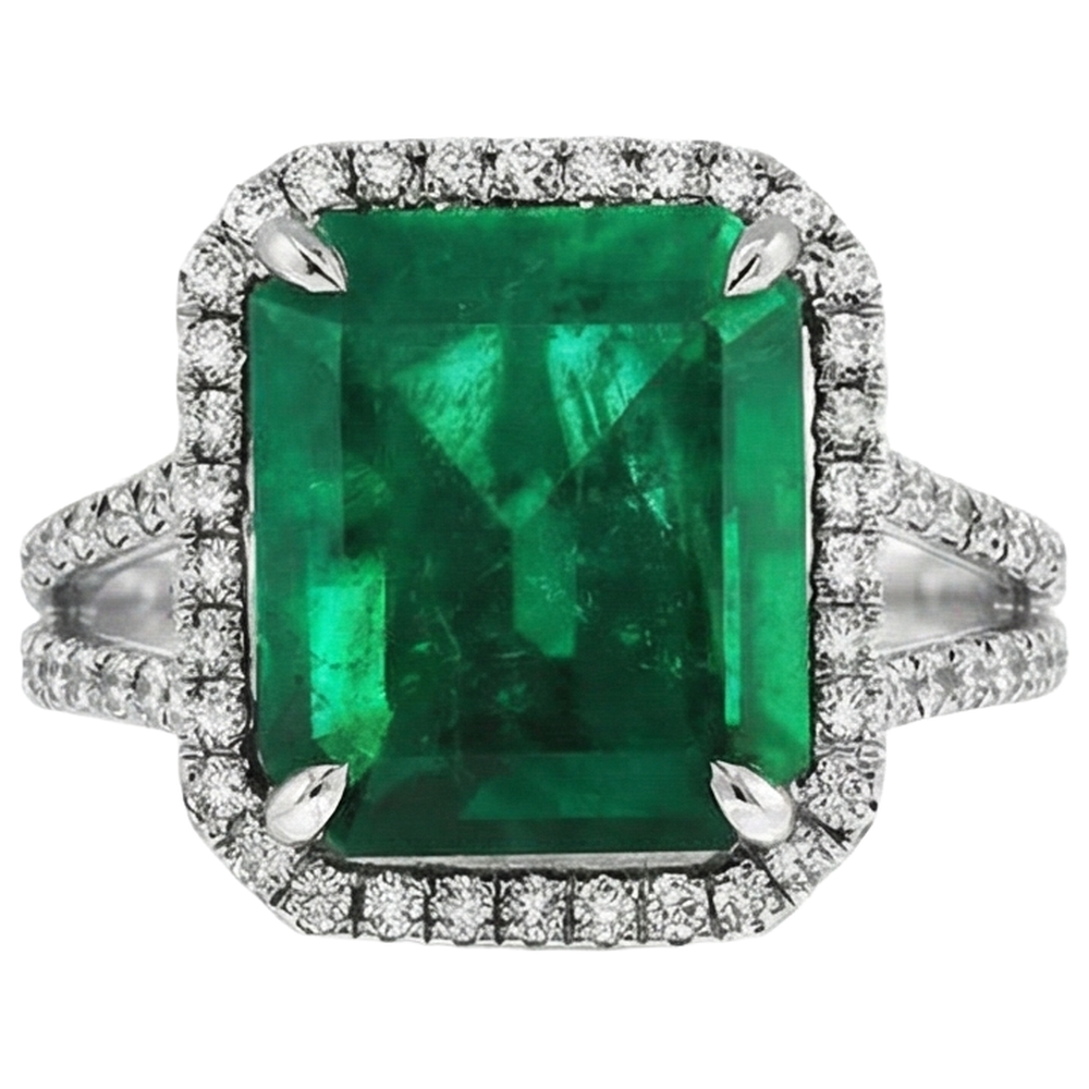 Anello di fidanzamento con pietra preziosa verde smeraldo diamante 10,50 carati WG 14K