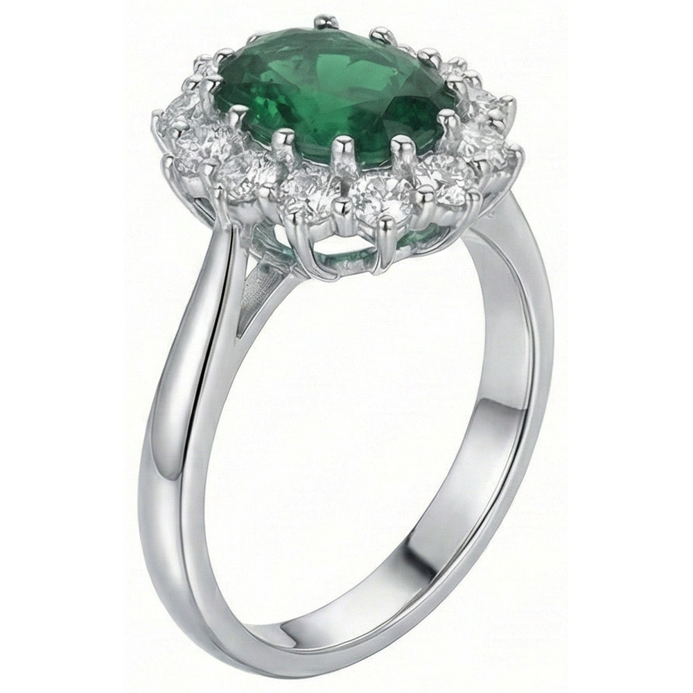 Anello di fidanzamento con smeraldo verde con diamanti 3.50 carati oro bianco 14K