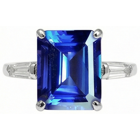 Anello di fidanzamento con tanzanite e baguette a taglio smeraldo da 8,30 carati