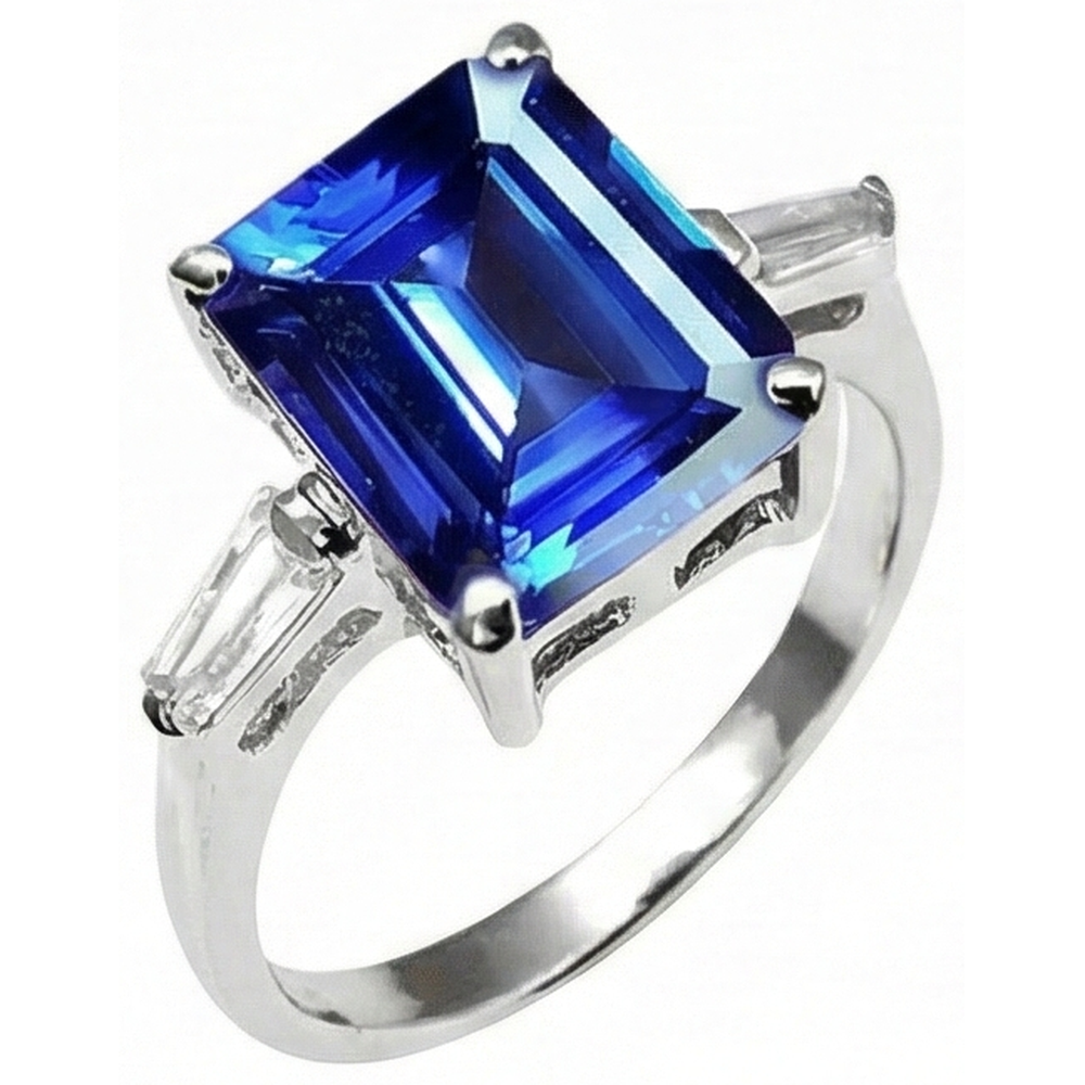 Anello di fidanzamento con tanzanite e baguette a taglio smeraldo da 8,30 carati