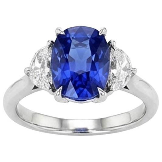 Anello di fidanzamento con tre pietre di diamanti e zaffiro blu. oro 8 carati 14K